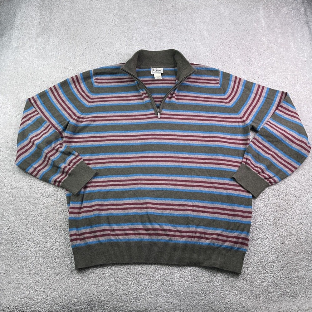 LL Bean Sweater Mens XL Brown Striped Cotton Cashmere Quarter Zip Pullover